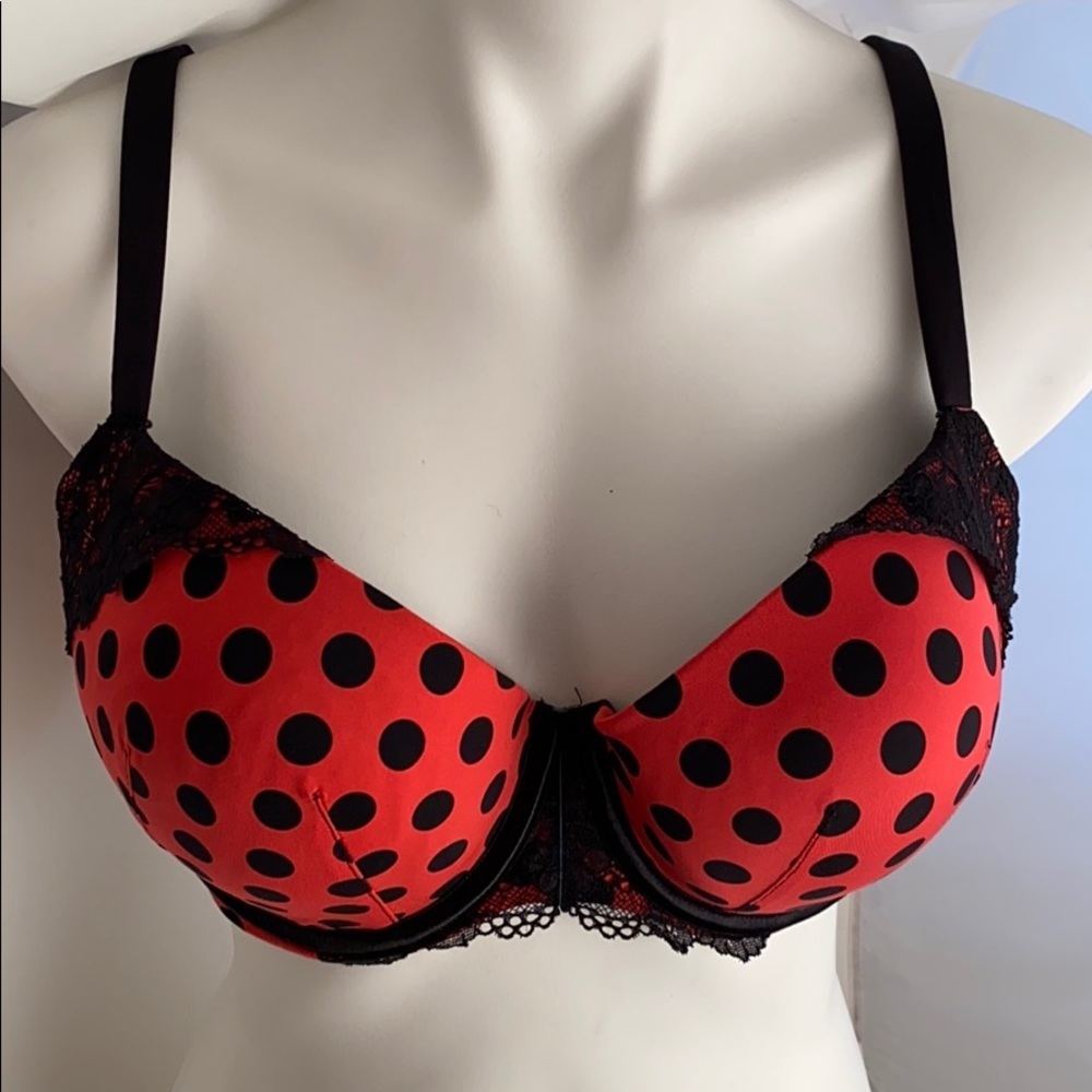 Cacique Boost Plunge polka dot red and black lace trimmed bra 40D